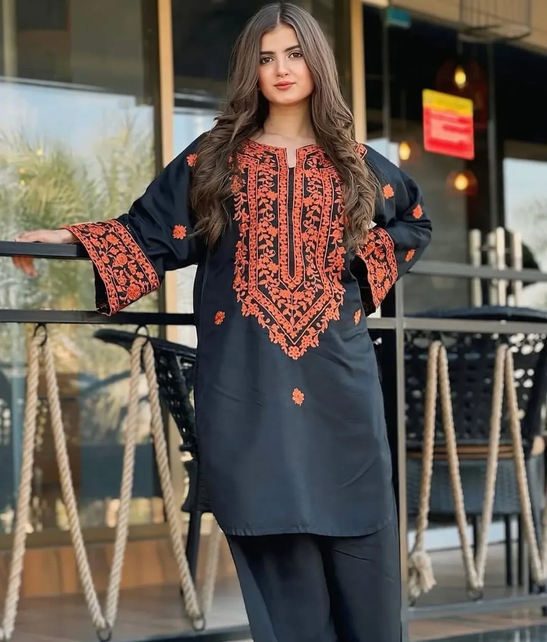 "Black Cotton Embroidered 2-Piece Suit.