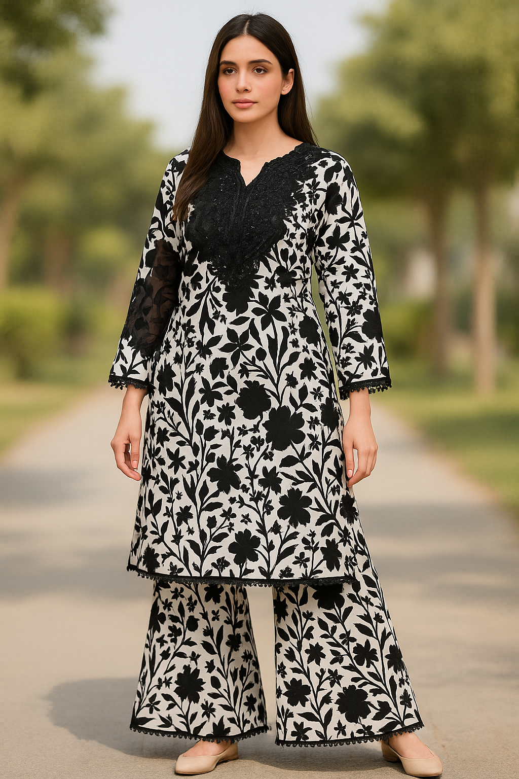 Black & White Floral Swiss Lawn 2PC with Sequin Work