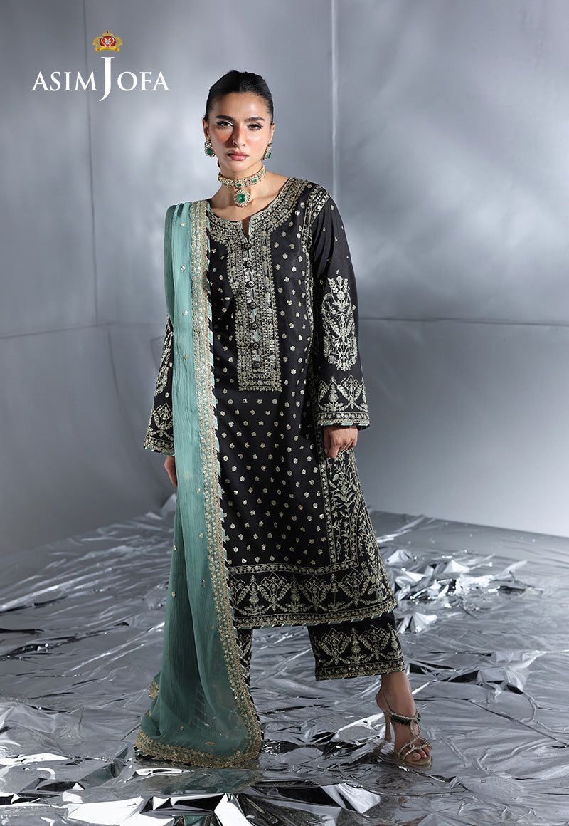 Asim Jofa AJUEV-13 Black & Aqua Chiffon 3Pc Suit