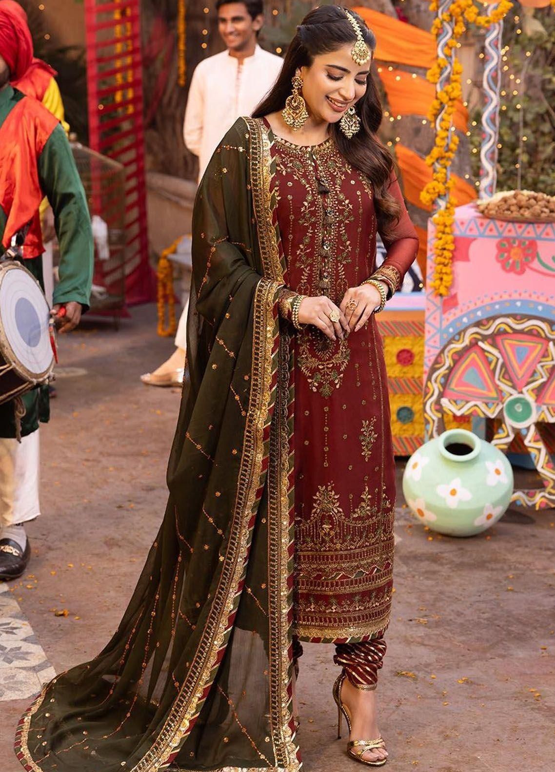 Asim Jofa AJUEV-13 Maroon Chiffon 3Pc Suit