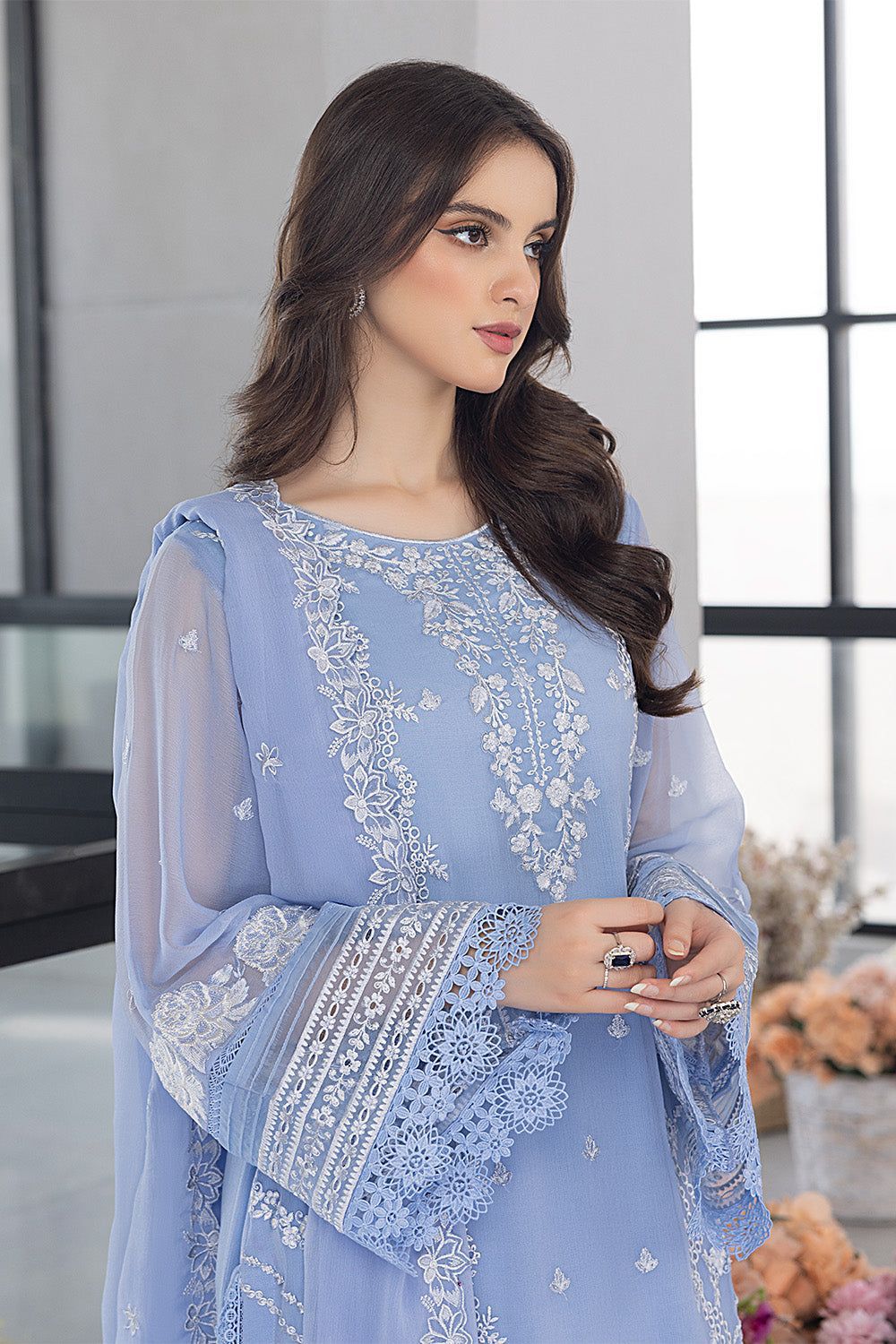 Azure Embroidered Organza 3PC Suit – Thread & Sequins Detailing

