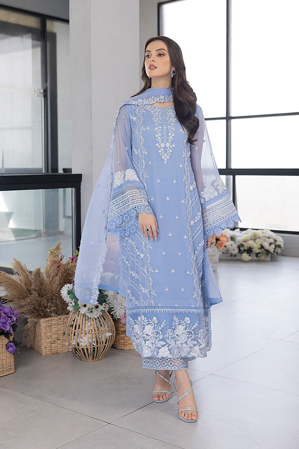 Azure Luxury Formal Wear – Organza Embroidered Suit with Dupatta & Trouser

