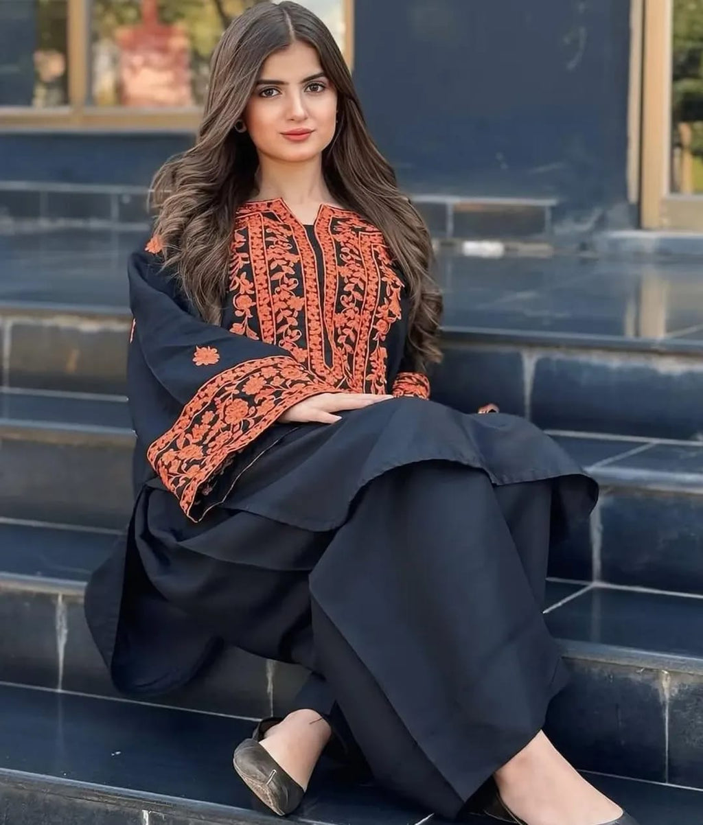 "Black Cotton Embroidered 2-Piece Suit for Girls 