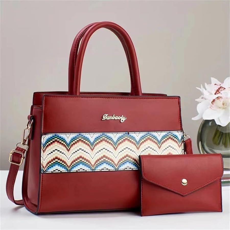 Designer Style Maroon Handbag Set with Adjustable Strap

