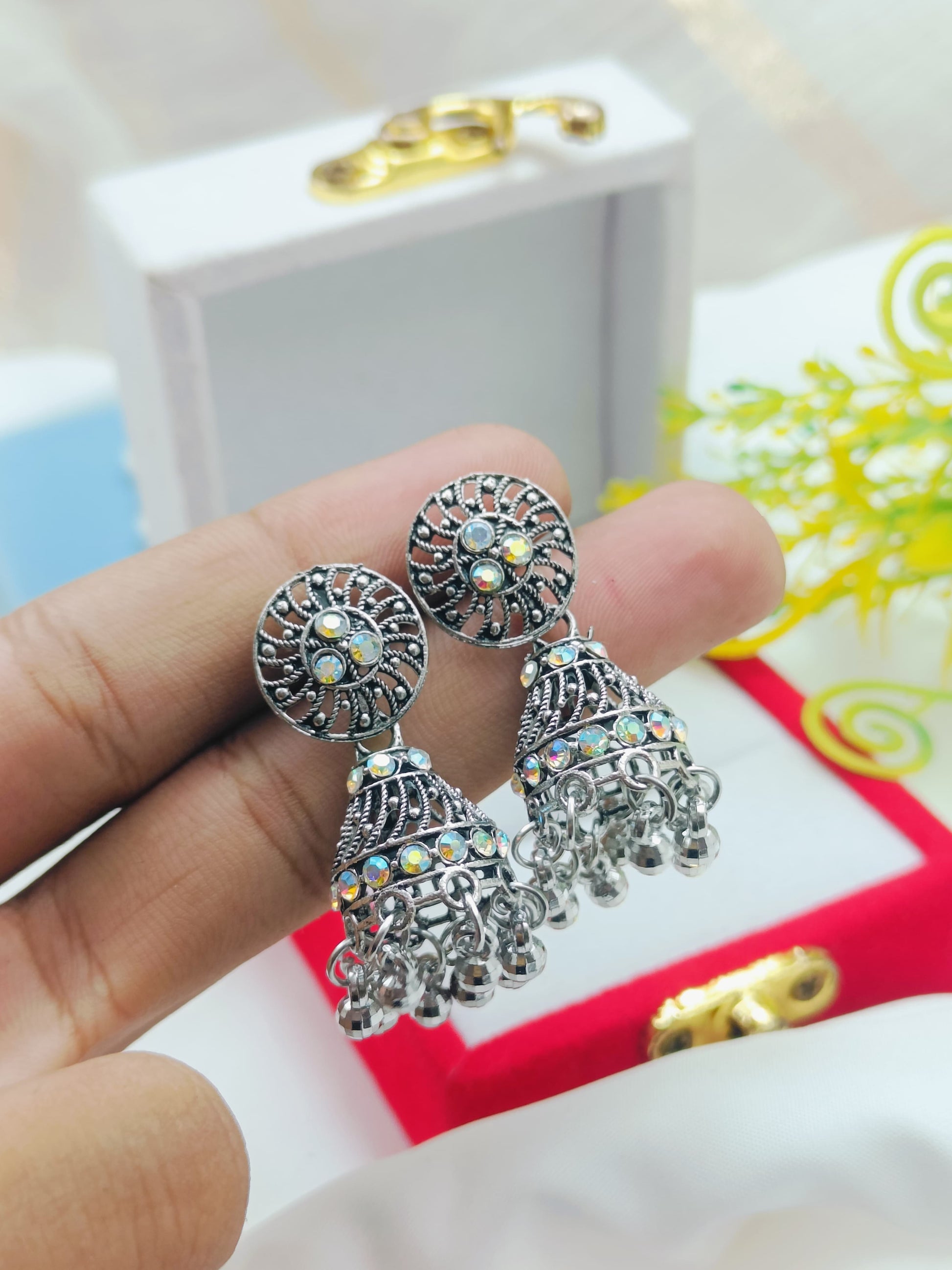Elegant Antique Silver Jhumki Earrings with Stone Detailing