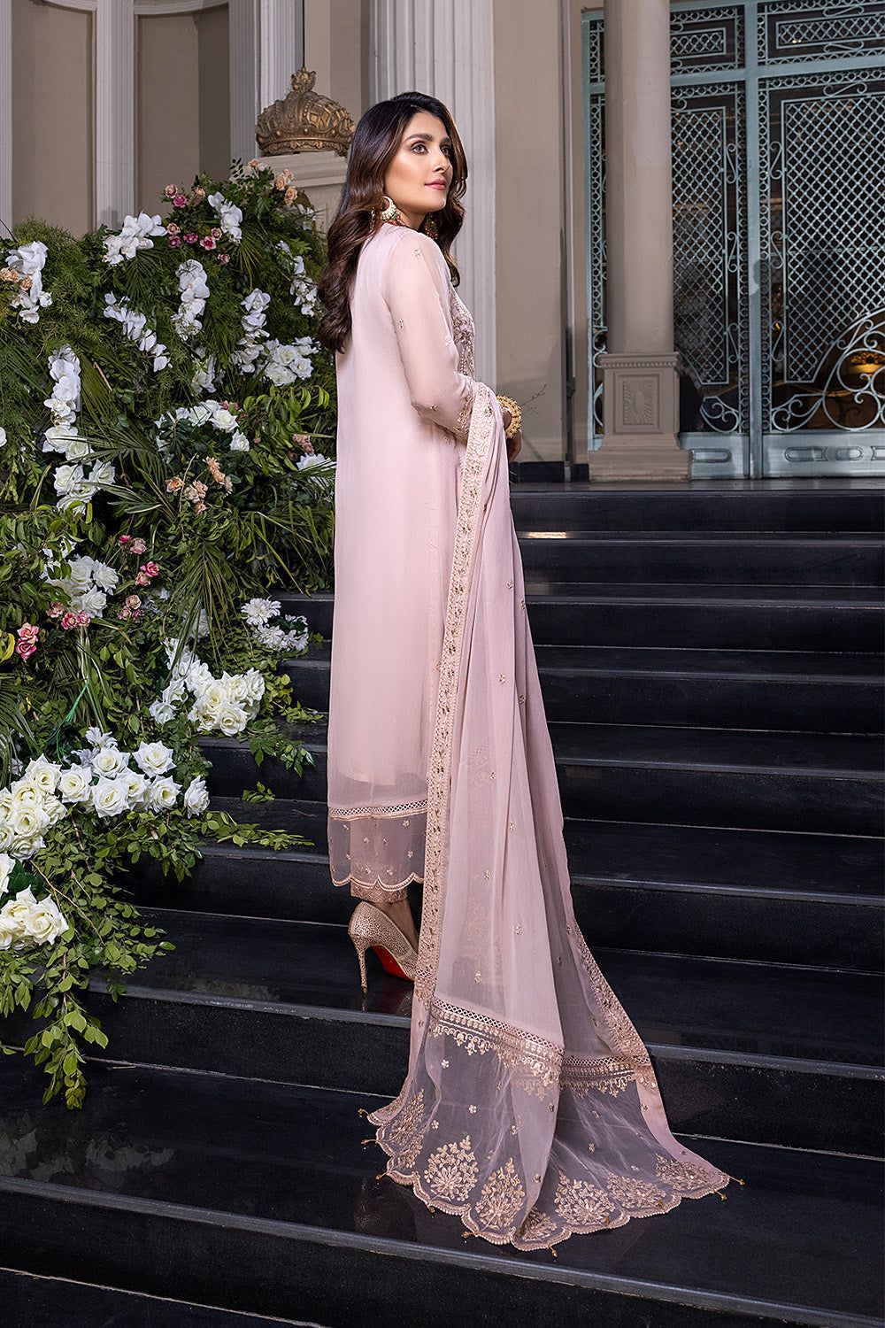 Elegant Blush Pink Formal Dress with Golden Detailing


