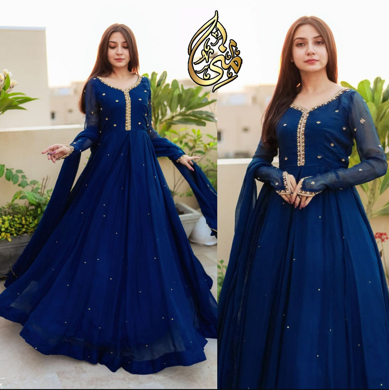 Embroidered Chiffon Maxi Dress – 3 Piece Luxury Formal Set


