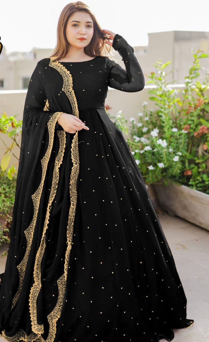 Front Pearls And Lace Work Long Flare