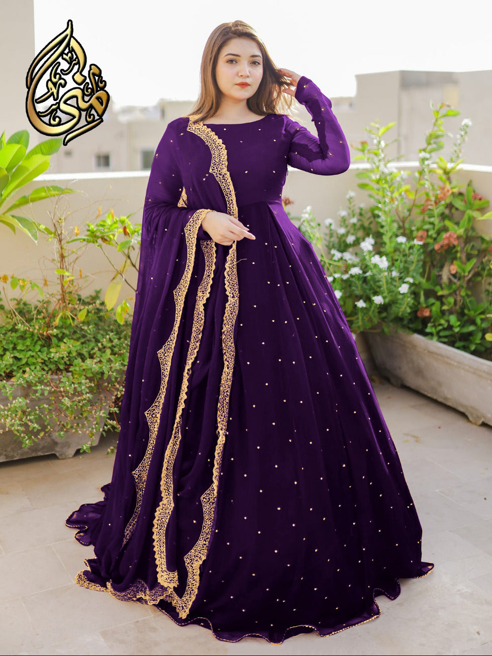 Front Pearls And Lace Work Long Flare Maxi With Embroidered And Pearls Work dupatta 3pcs