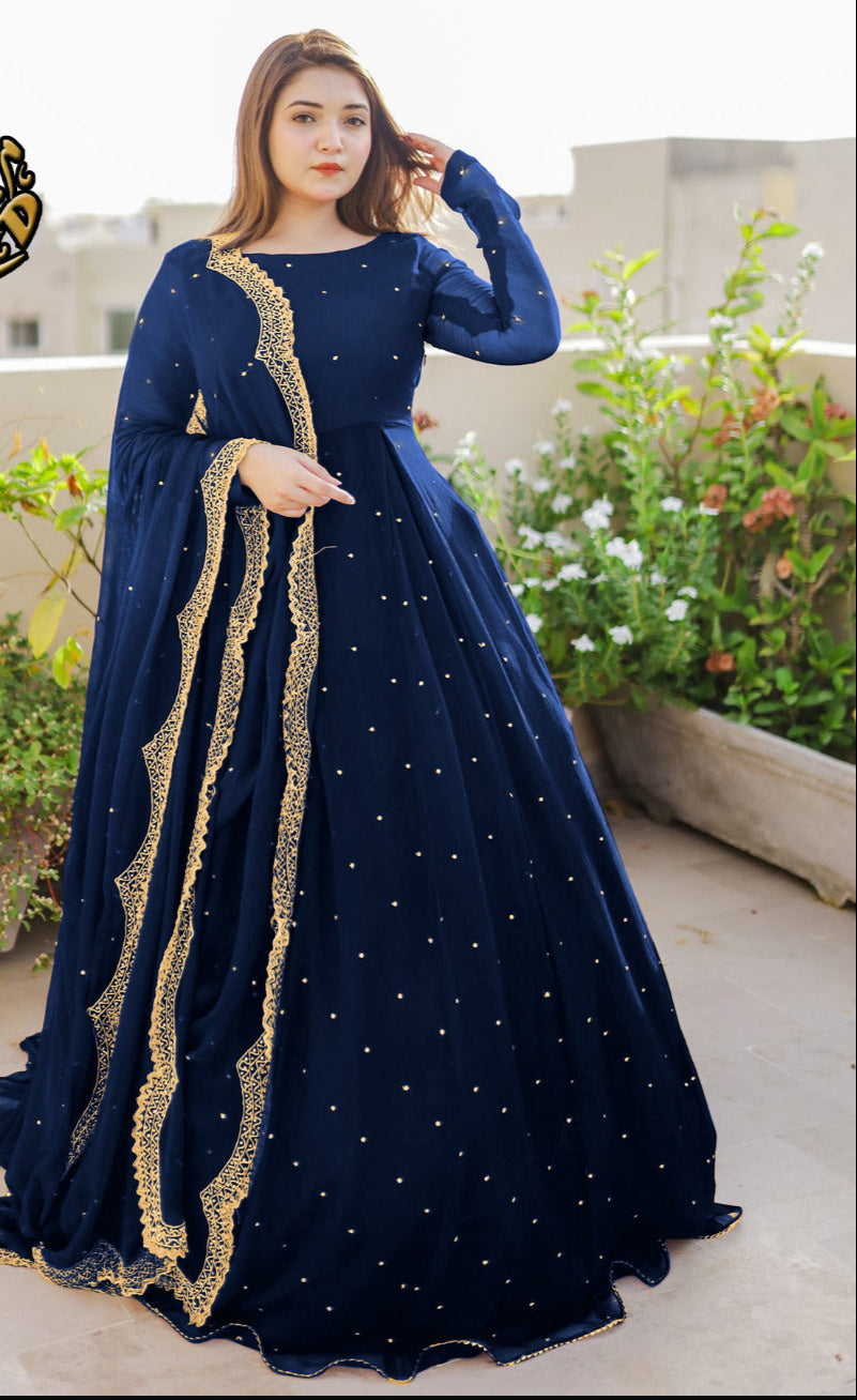 Front Pearls And Lace Work Long Flare with Dupatta