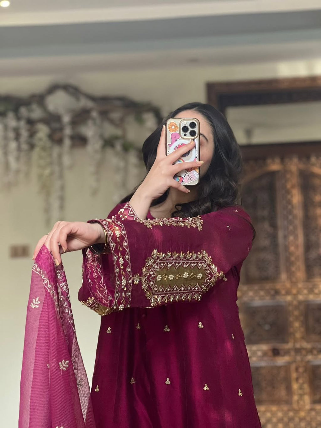 Handmade Moti Work 3PC Kadi Net Frock 