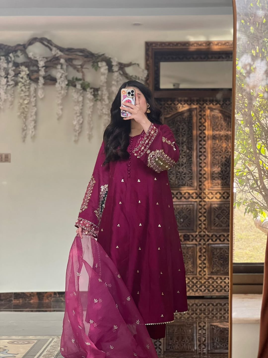 Handmade Moti Work 3PC Kadi Net Frock Set – Maroon Elegance

