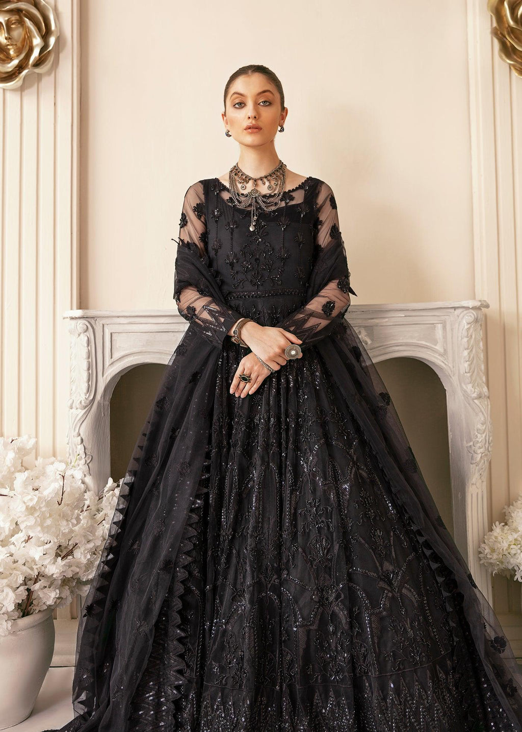 Luxury Black Net Maxi with Dupatta & Satin Silk Trouser

