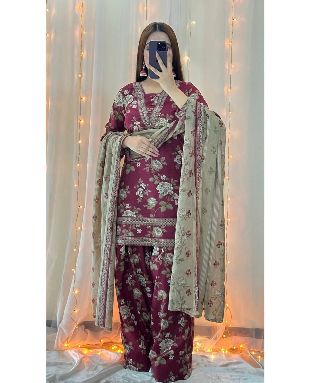 Maroon Floral Jacquard Lawn 3PC with Digital Chiffon Dupatta