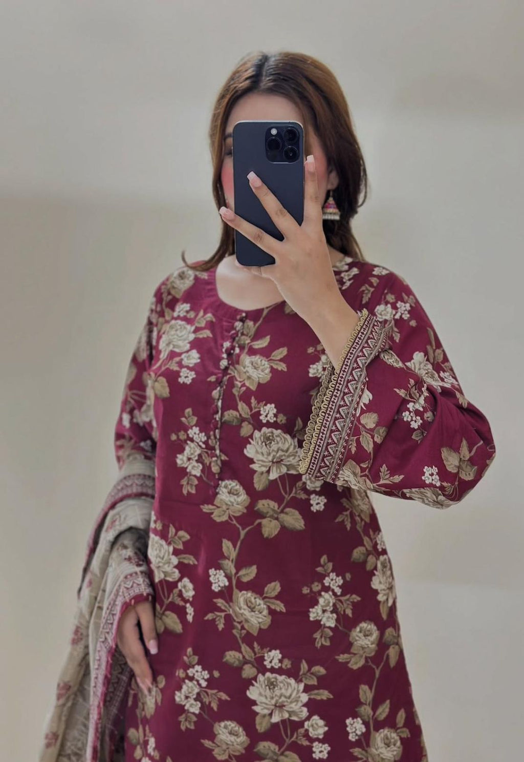 Maroon Floral Lawn 3PC with Digital Chiffon Dupatta