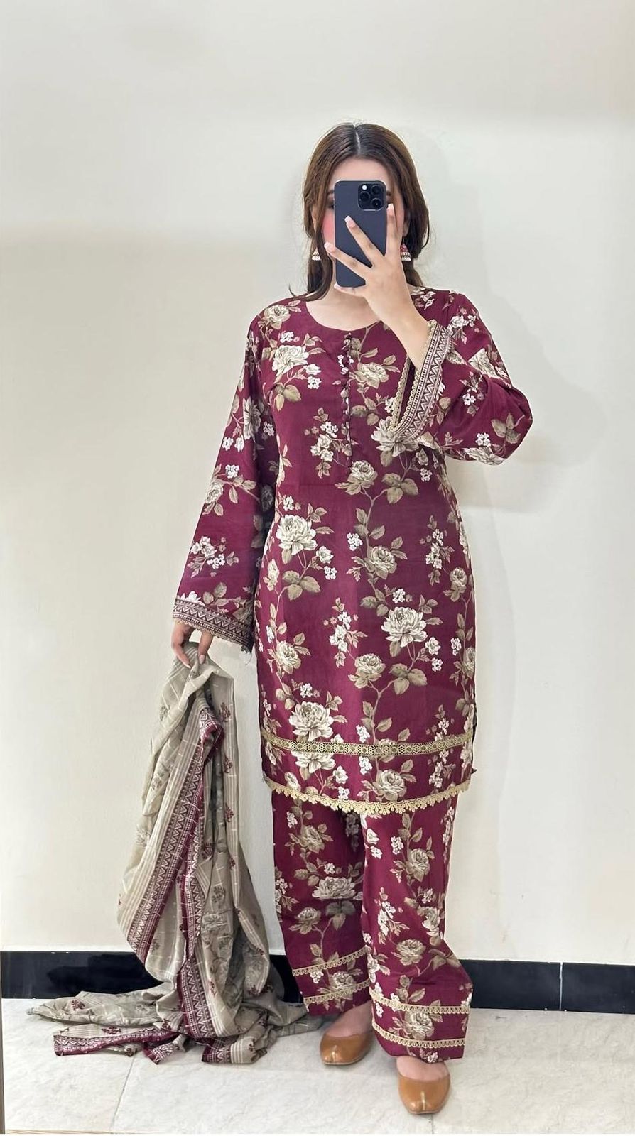 Maroon Floral Lawn  Chiffon Dupatta