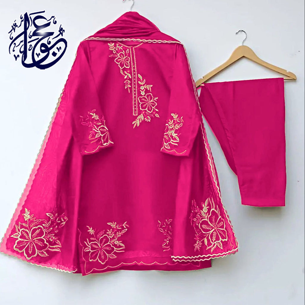 Neck, Daman Sleeves Zarri Embroidered Bunches And Border Cuttwork On Shirt, With Embroidered Dupatta and Trouser 3PCs