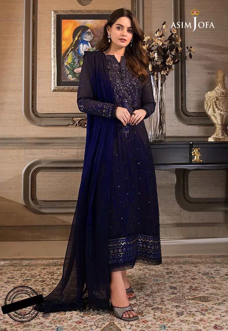 Asim Jofa Chiffon Suit – Fully Heavy Embroidered with Sequins | Dyed Malai Trouser