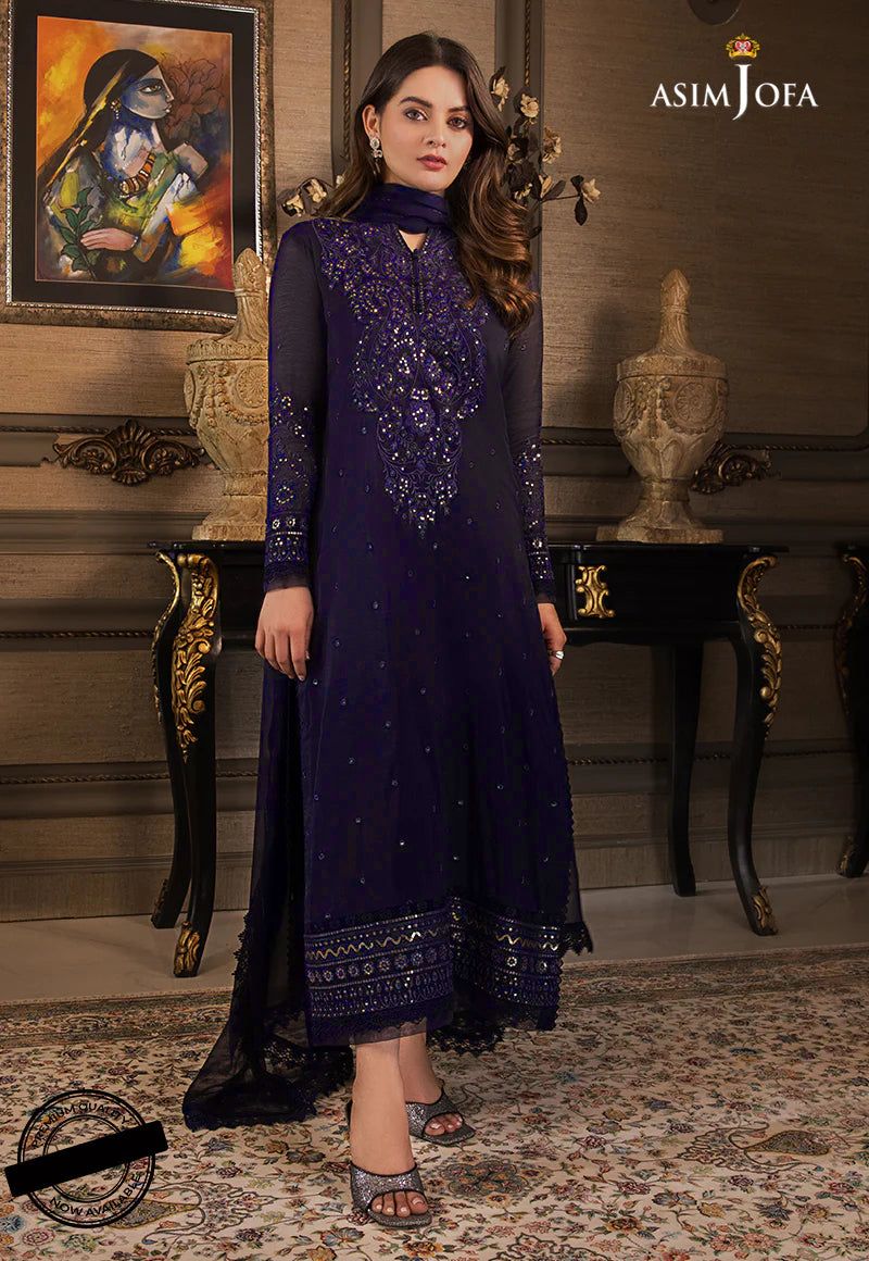 Asim Jofa Chiffon Suit – Fully Heavy Embroidered with Sequins | Dyed Malai Trouser