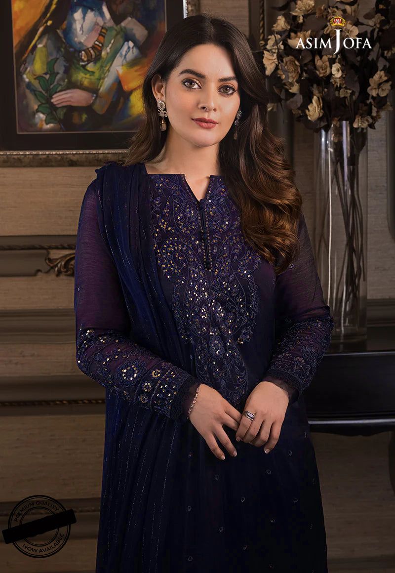 Asim Jofa Chiffon Suit – Fully Heavy Embroidered with Sequins | Dyed Malai Trouser