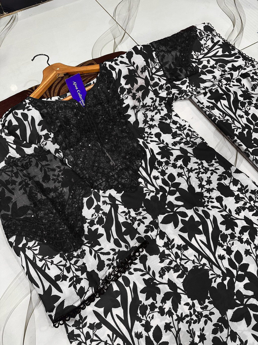 Black & White Floral Swiss Lawn 2PC with Sequin Work